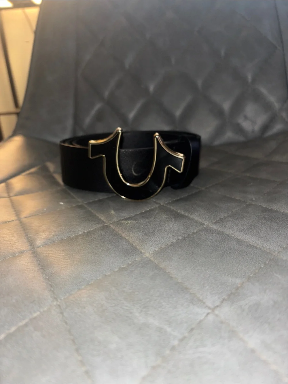 True Religion Black Leather Belt with Gold Horseshoe Buckle